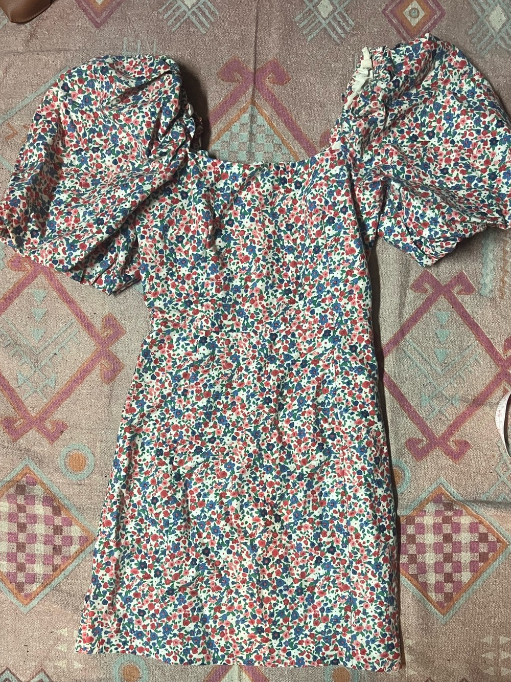 Sezane Puff-Sleeve Mini Dress in White with Red & Blue Floral Print